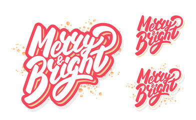 Merry and Bright. Vector Handwritten typography set.