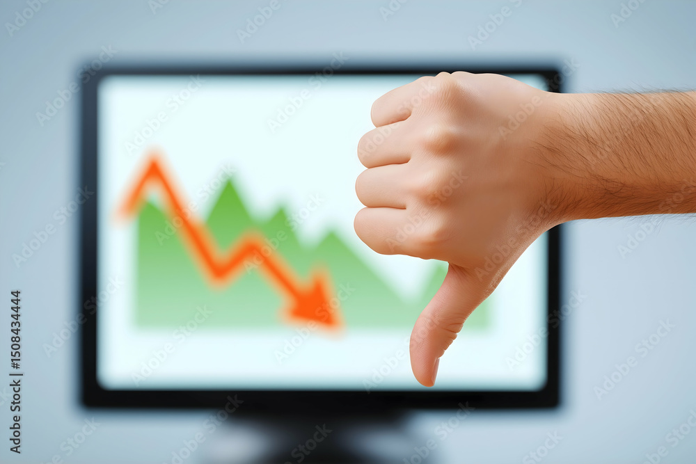 Aufkleber a hand gives a thumbs down in front of a screen showing a downward trending graph, symbolizing negat