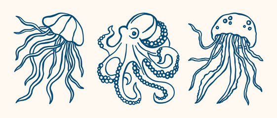 Underwater ocean animals outline minimalist retro illustrations set. Jellyfishes, octopus vector doodles
