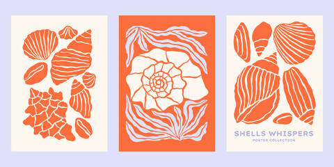 Underwater ocean shells vector posters set. Minimalist retro print designs with seashells illustrations