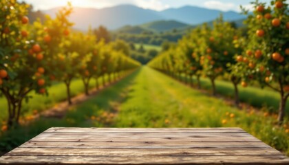 20250522151443list 208 a beautiful, blurred orange orchard background with lush trees and mountains in the distance, in the foreground, a wooden table for product display