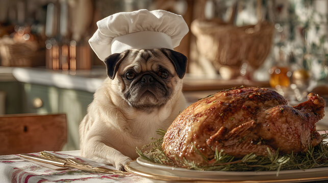 Pug Chef Serving Roasted Turkey A Delightful Culinary Portrait