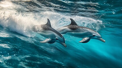 Fototapeta premium Dolphins swimming through clear cerulean waves, surrounded by a fine mist of ocean spray, captured just as they break the surface in synchronized motion.