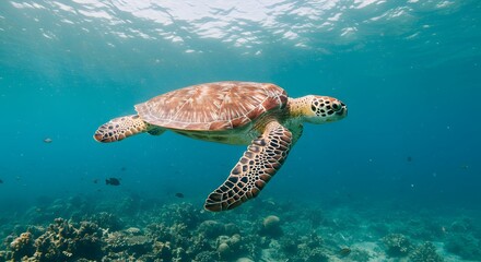 Fototapeta premium Majestic Sea Turtle Gracefully Gliding Through Vibrant Coral Reef