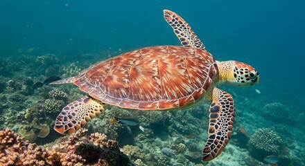 Obraz premium Majestic Hawksbill Sea Turtle Gracefully Navigating a Vibrant Coral Reef Ecosystem