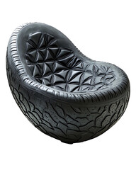 Sculptural, dark grey chair with intricate geometric and organic carvings, evocative of a seed pod or stone isolated on transparent or white background. Generative ai