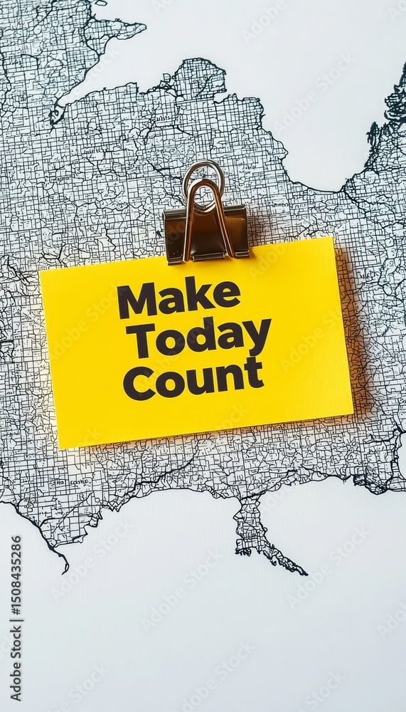 Poster yellow paper note with inspirational quote make today count on map background, close up.