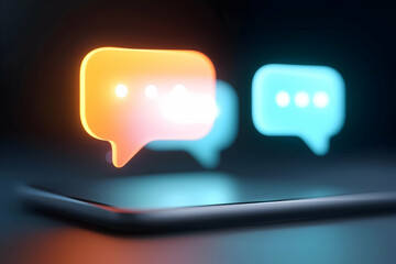 Fototapeta premium Colorful chat bubbles above a smartphone, symbolizing digital communication and online messaging in a modern, tech-inspired style.