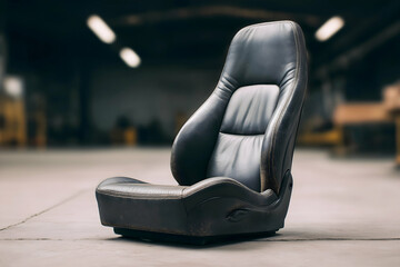 A worn, black leather car seat sits alone on a concrete floor in an industrial indoor setting.