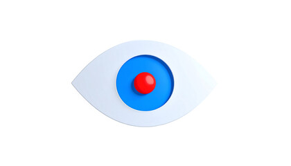 Stylized 3D rendering of an eye with white sclera, blue iris, and red pupil.  Simple, clean design isolated on transparent or white background. Generative ai
