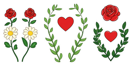 Stylized floral arrangement with roses, daisies, and heart-shaped motifs framed by leaf wreaths isolated on transparent or white background. Generative ai