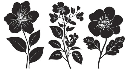 Stylized grayscale floral illustration featuring three distinct blossoms and leaves, rendered in a minimalist design isolated on transparent or white background. Generative ai