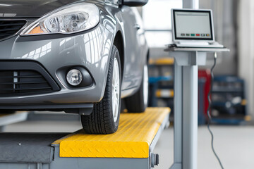 A gray car on a yellow platform undergoing a diagnostic test in an auto repair shop with a computer nearby.