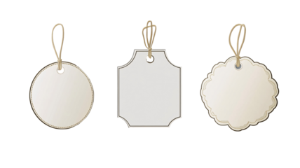 Three blank tags of varying shapes circle, square, and cloud hang from twine, ideal for design mockups or branding isolated on transparent or white background. Generative ai