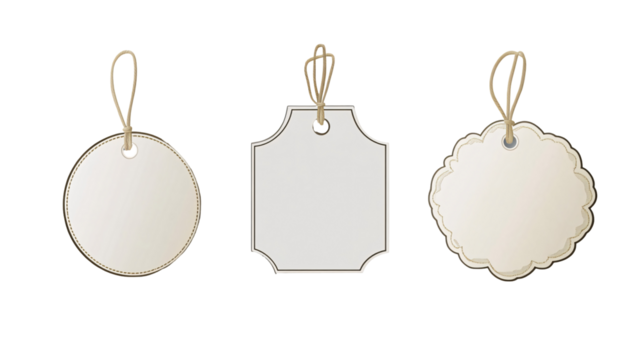 Three blank tags of varying shapes circle, square, and cloud hang from twine, ideal for design mockups or branding isolated on transparent or white background. Generative ai