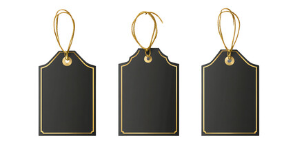 Three elegant black gift tags with gold trim and twine hang ready for personalized messages isolated on transparent or white background. Generative ai