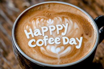Celebrating Happy Coffee Day with frothy latte art wishing joy in a warm brown mug on a wooden table