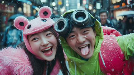 Sinchon Water Gun Festival Celebration, Happy Asian Teen Couple Tourist Fun Winter Snow City Street