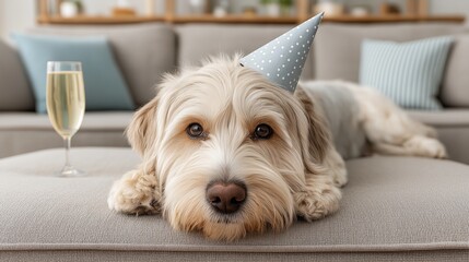 Celebrating a furry friend, this adorable dog wears a party hat, gazing sweetly beside a glass of bubbly, evoking warmth and joyful companionship.