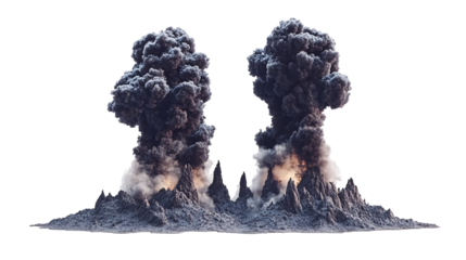 Twin volcanic eruptions spewing dark plumes of smoke and ash isolated on transparent or white background. Generative ai