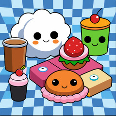 Cute Food Illustration with Smiling Desserts and Characters