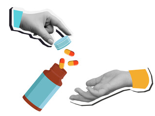 Capsules pills spill out of the jar into black and white hand. Modern collage style. Illustration on transparent background