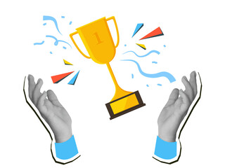 A hands holding golden trophy. Modern photo collage style. Illustration on transparent background