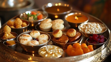 A variety of colorful dishes arranged on a decorative tray.