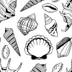 Vector seamless pattern of sea shell different shapes isolated.