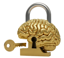 A key to a golden brain shaped locked padlock