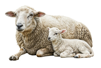 Obraz premium White sheep mother lying together with its baby lamb