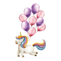 Unicorn with foil red and purple bunch of balloons. Watercolor pastel cotton candy. Hand drawn illustration isolated on background, transparent png. Cartoon illustration. Baby shower design elements
