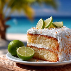 Slice of Coconut Lime Cake on Tropical Beach, Ocean View, Summer Dessert Indulgence