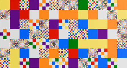Geometric Pride Grid: This image presents a dynamic geometric grid of colorful blocks and pixelated patterns, evoking an LGBT+ inclusive aesthetic.