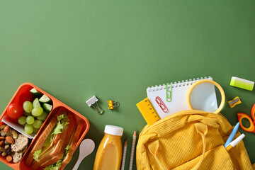School lunch concept. Lunchbox with sandwich, fruits, and vegetables on a green background with...