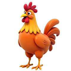 A cartoon rooster standing with a red comb and wattle on a black background looking at the viewer isolated on transparent background