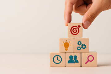 Conceptual Image of Wooden Blocks Symbolizing Business Success, Growth, Planning and Strategic Foundation