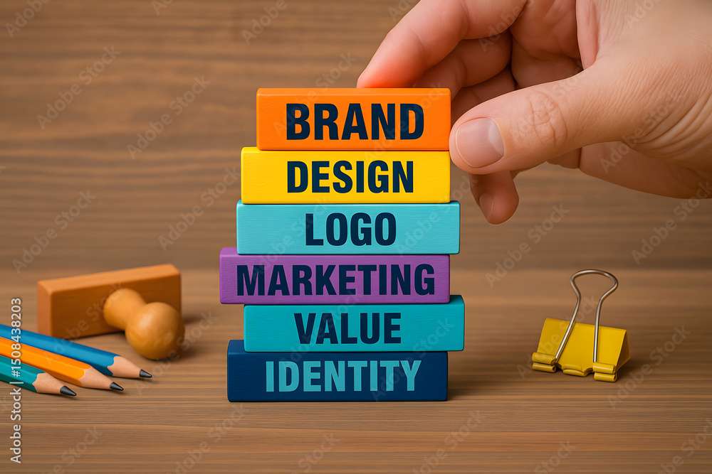 Poster visual representation of brand identity and marketing strategy with icons and business elements for 