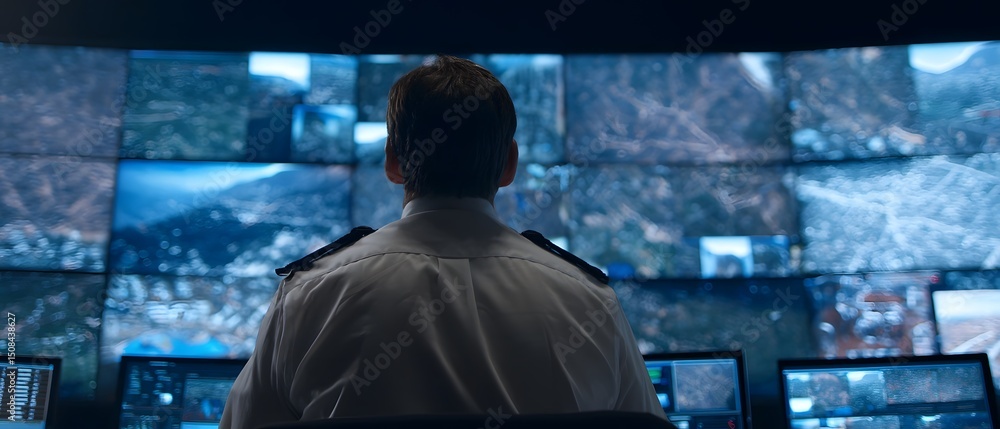 Poster a silhouetted figure sits at a desk in a sophisticated surveillance control room surrounded by multi