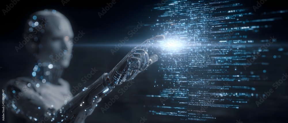 Poster A surreal futuristic digital landscape with intelligence elements and glowing technological structures