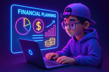 Gen Z Financial Planning : 3D Young Boy Using Laptop with Neon Financial Graphs