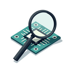 Isometric Illustration of a Magnifying Glass Examining a Microchip, Representing Technology and Inspection Processes