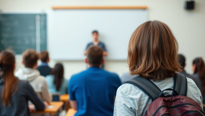 A late student with long hair stands in the classroom, and in the background at the board is a teacher