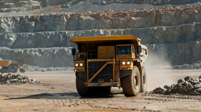 Large mining truck moving through open pit mine landscape