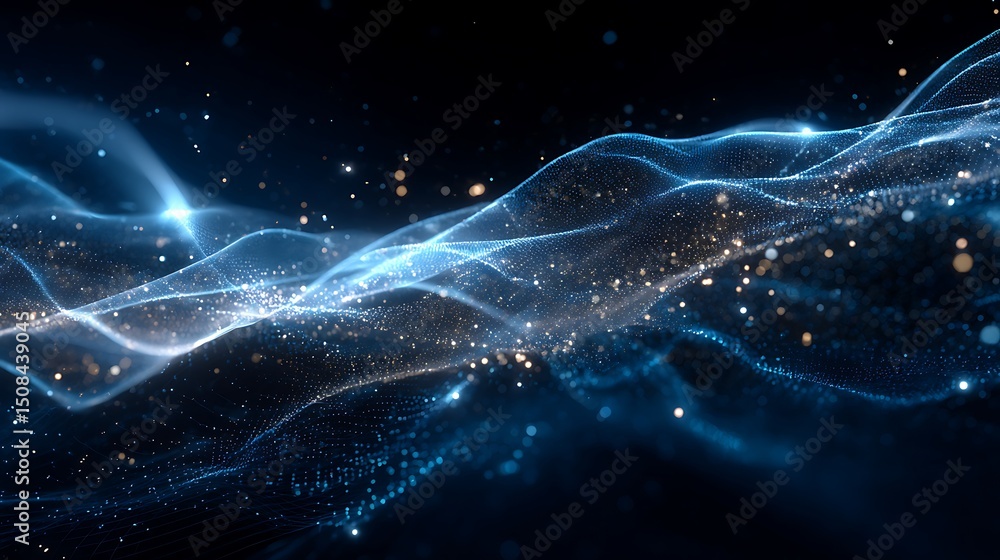 Poster abstract flowing lines with sparkling particles on dark background