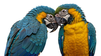 Fototapeta premium Two lovely blue-and-yellow macaws sitting together