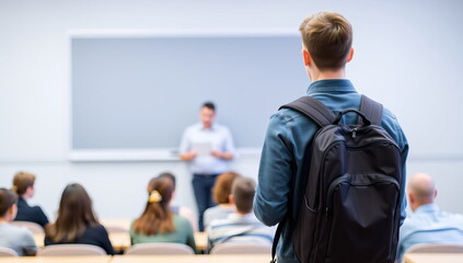 A late student stands in front of a male teacher during a lecture