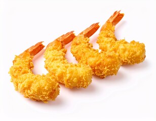 Close up images of four tempura shrimps on a white backdrop, showcasing their crispy texture and golden color. Ready-to-eat appetizer for food photography