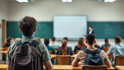 A short, late student stands with his back to the class and teacher after arriving