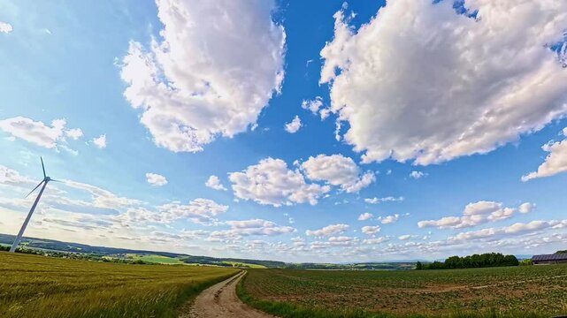 4K Timelapse video with moving clouds and wind power plants near Kugl, Simbach bei Landau, Dingolfing-Landau, Bavaria, Germany